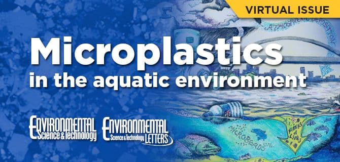 Illustrated cover for a virtual issue titled "Microplastics in the Aquatic Environment" from Environmental Science & Technology and Environmental Science & Technology Letters.