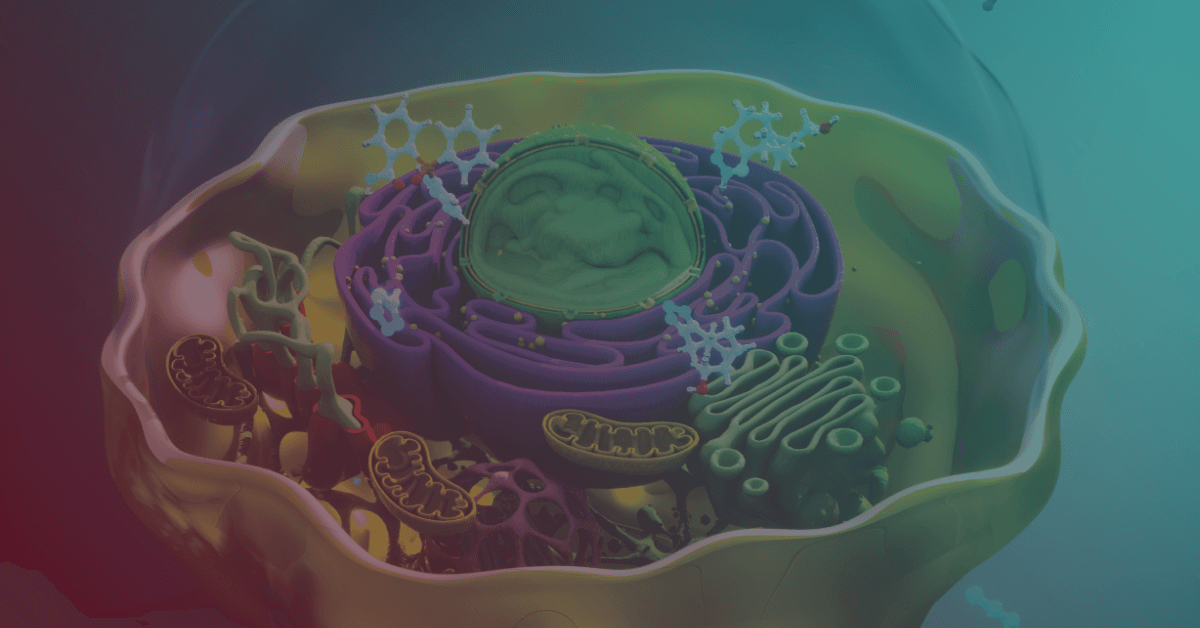 Colorful 3D illustration of a cell's interior, showcasing organelles like the nucleus, mitochondria, and complex structures.
