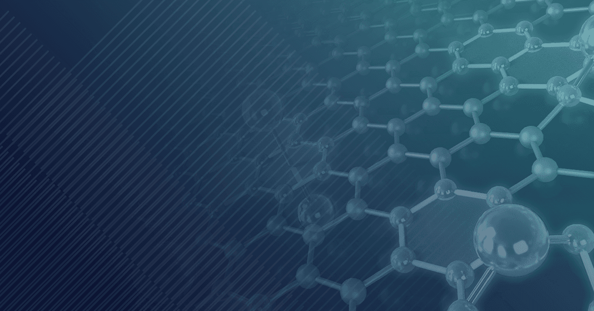 Abstract background with a gradient from dark blue to teal, featuring a stylized molecular structure overlay on the right side.
