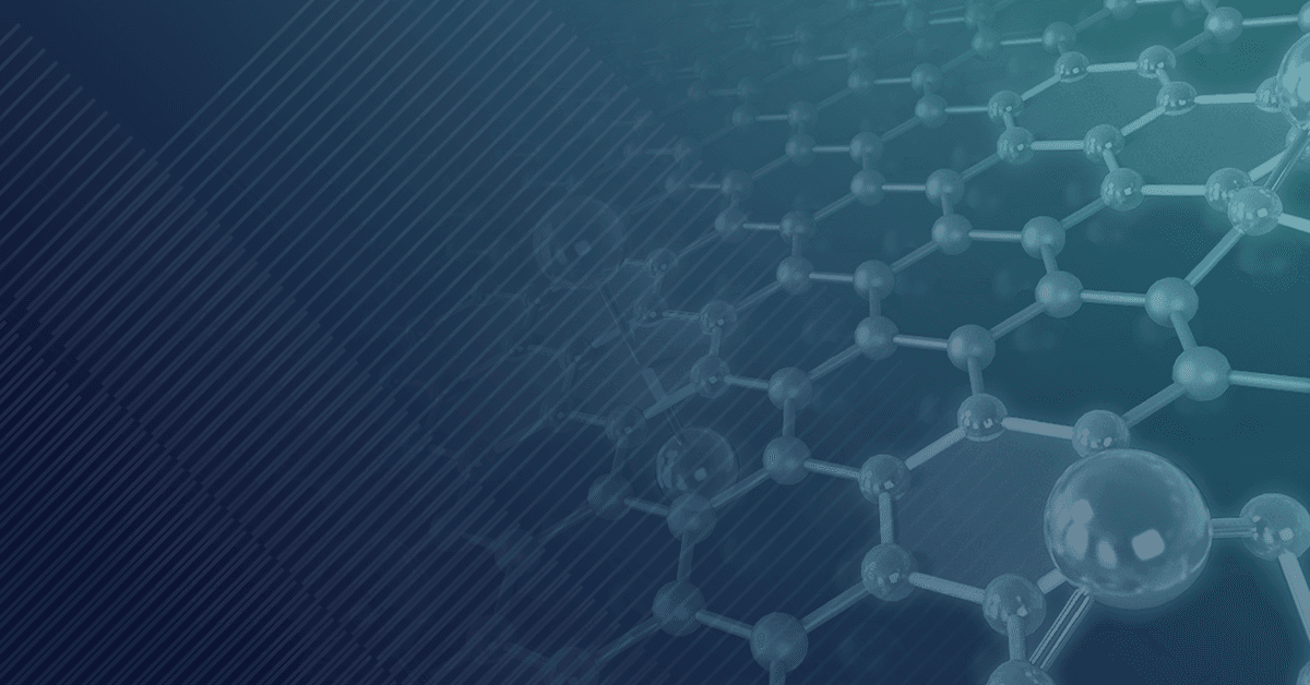 Abstract graphic of a molecular structure with connected spheres and rods, resembling a chemical lattice, overlaid on a blue gradient background with diagonal lines.