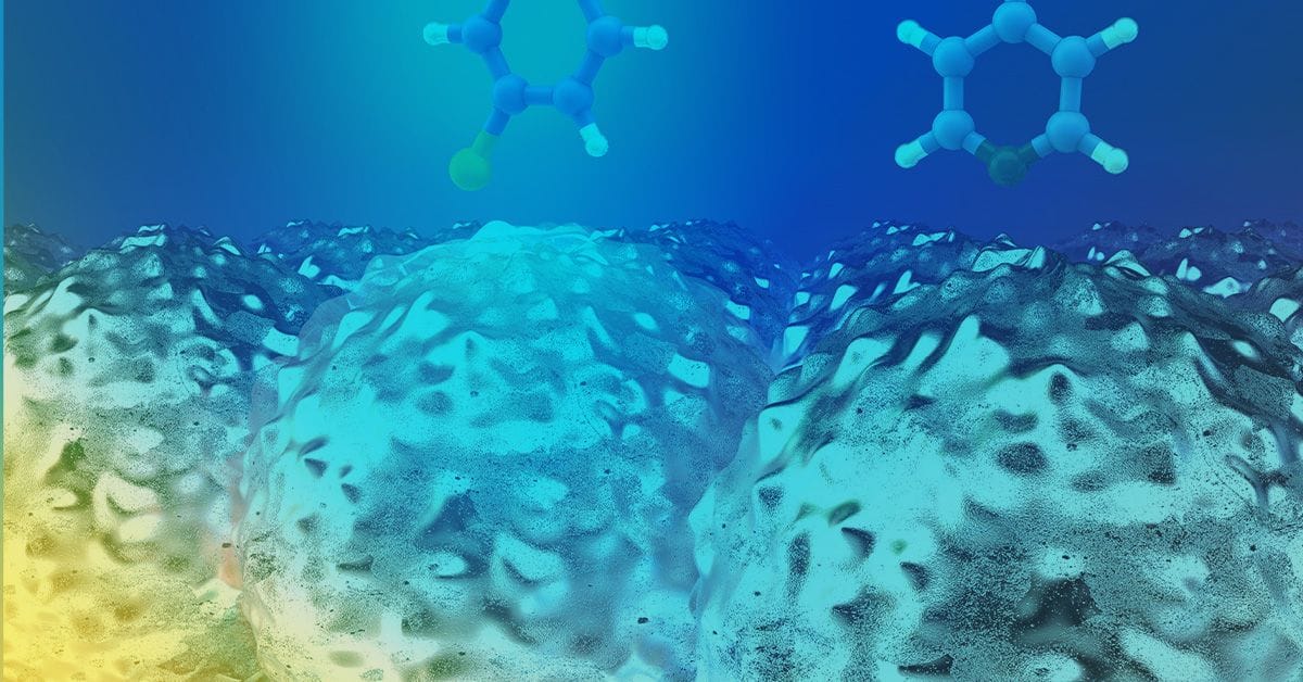 An artist's rendering of a group of blue and yellow spheres.