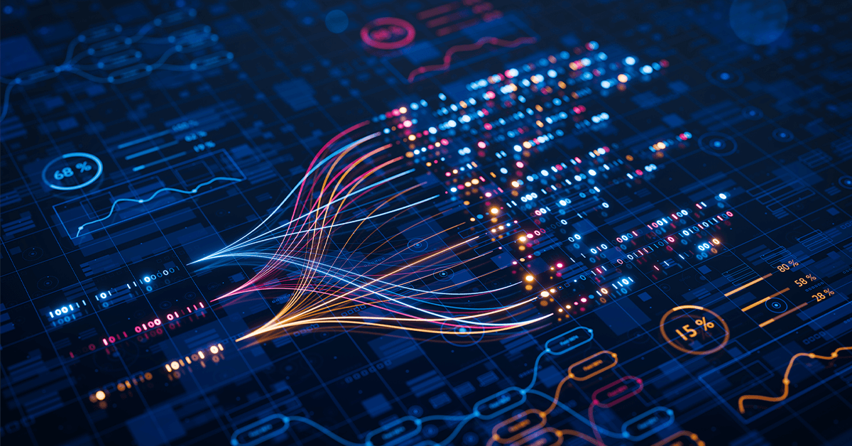 Futuristic data analytics concept showing streams of colorful light lines converging across a dark blue interface with charts, percentages, and binary code.