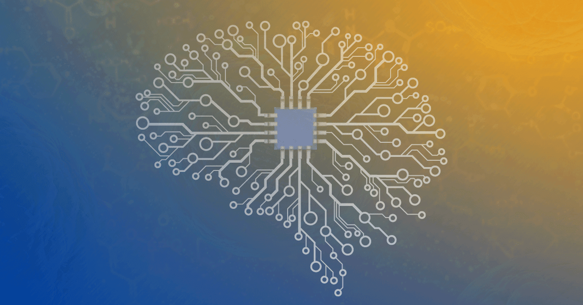 Illustration of a brain-shaped circuit board with a central processing unit, symbolizing artificial intelligence on a blue and yellow gradient background.
