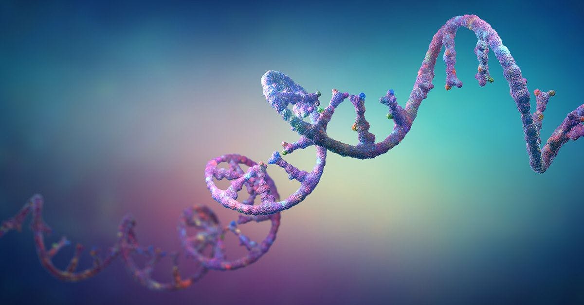 3d illustration of a colorful, twisted dna strand against a soft, gradient blue and purple background.