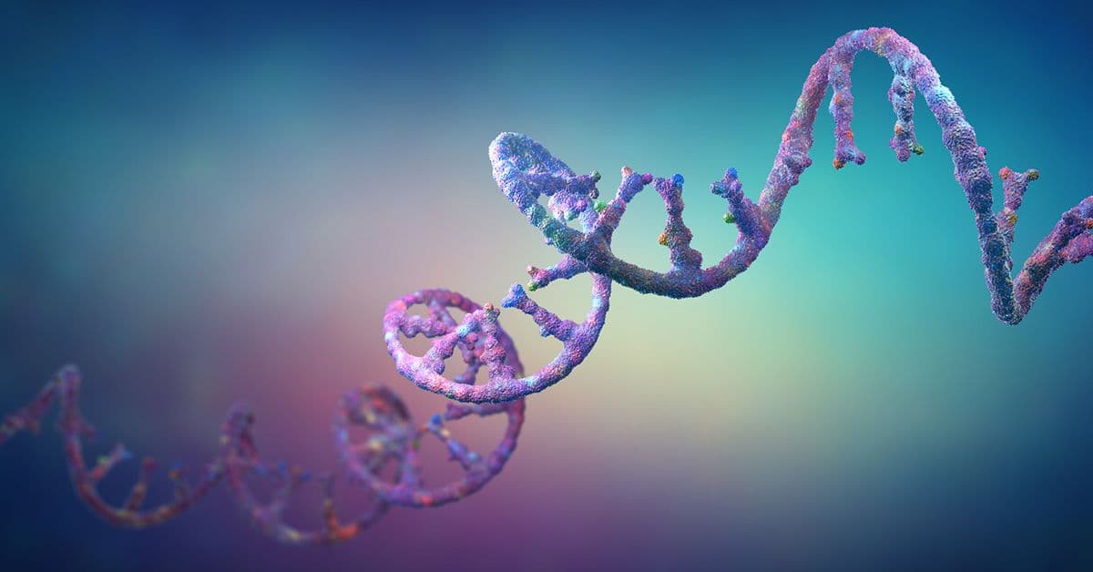 3d illustration of a colorful, twisted dna strand against a soft, gradient blue and purple background.