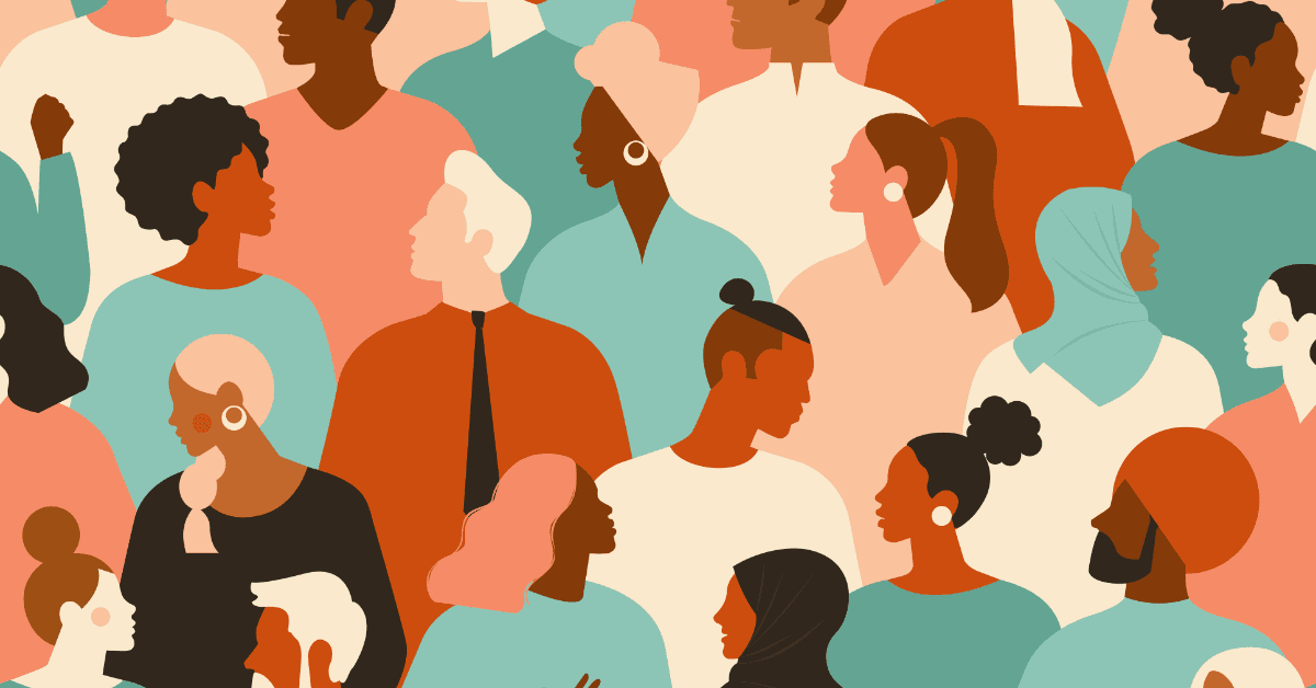 Flat vector illustration of a diverse group of men and women with varied skin tones, hairstyles, and clothing, shown in profile.