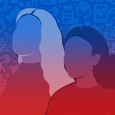 Two women are silhouetted in front of a red and blue background.