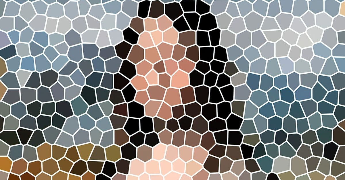 An abstract mosaic rendering of the Mona Lisa.