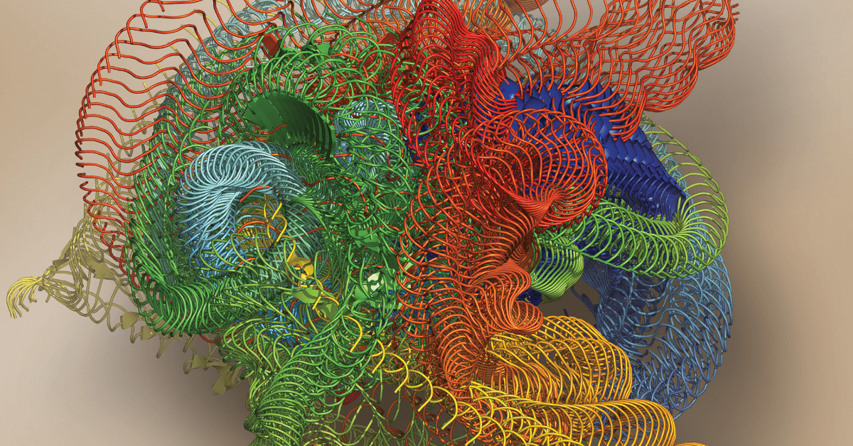 A complex, colorful 3D visualization of intertwined ribbon-like structures in red, green, blue, yellow, and orange, representing disordered protein chains against a neutral background.