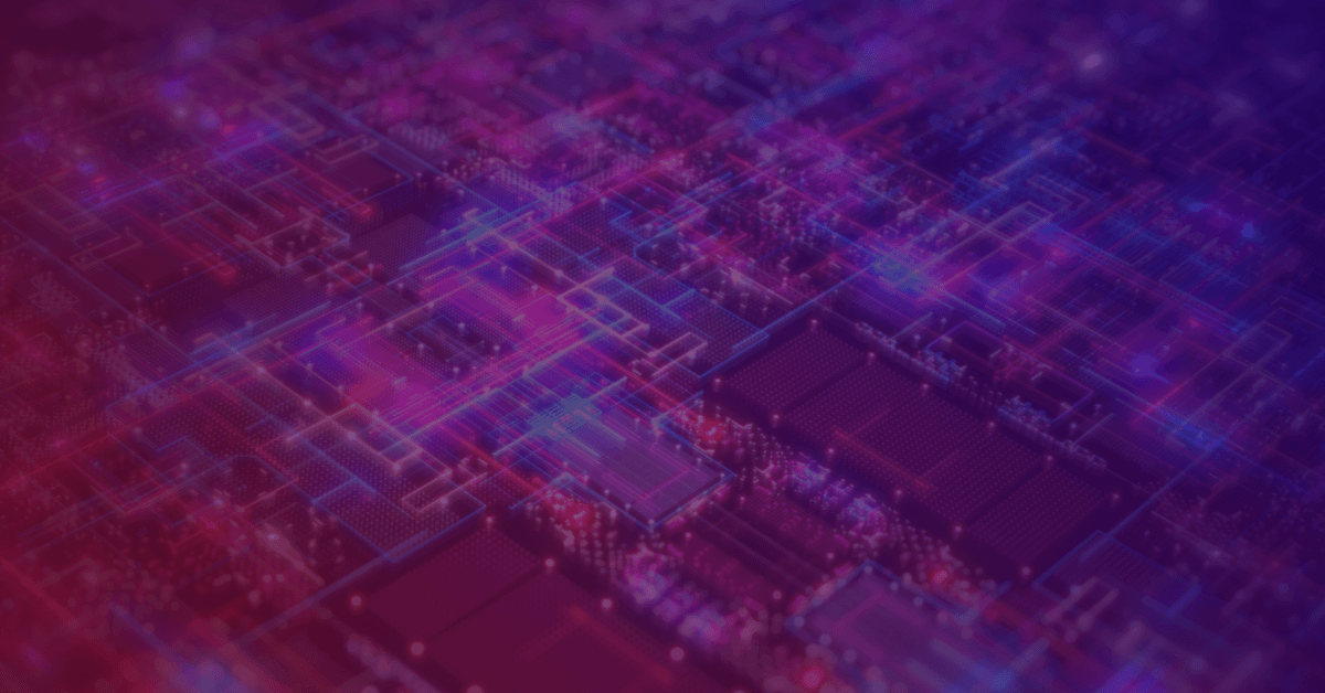An image of an abstract digital circuit board with glowing lines and nodes in vibrant pink and blue hues, resembling a futuristic technology background.
