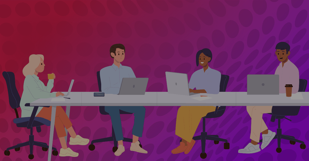 A vector illustration of four people sitting in office chairs at a long table, each using a laptop or device, set against a pink-to-purple gradient background.