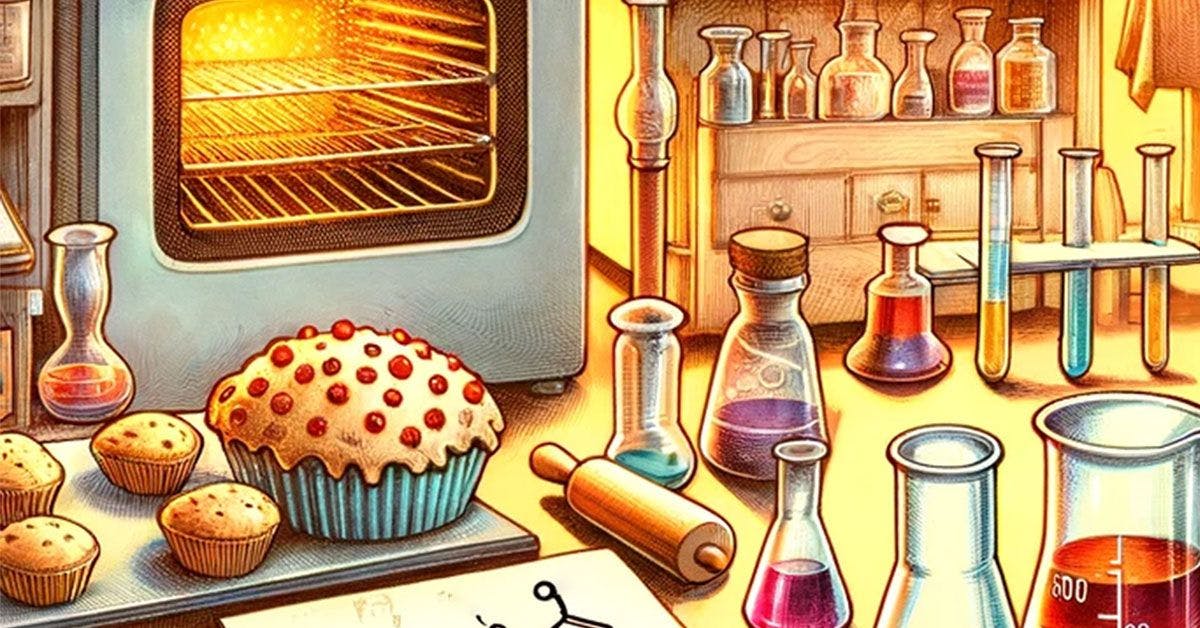 A cartoon illustration of a kitchen with cupcakes and baking utensils.