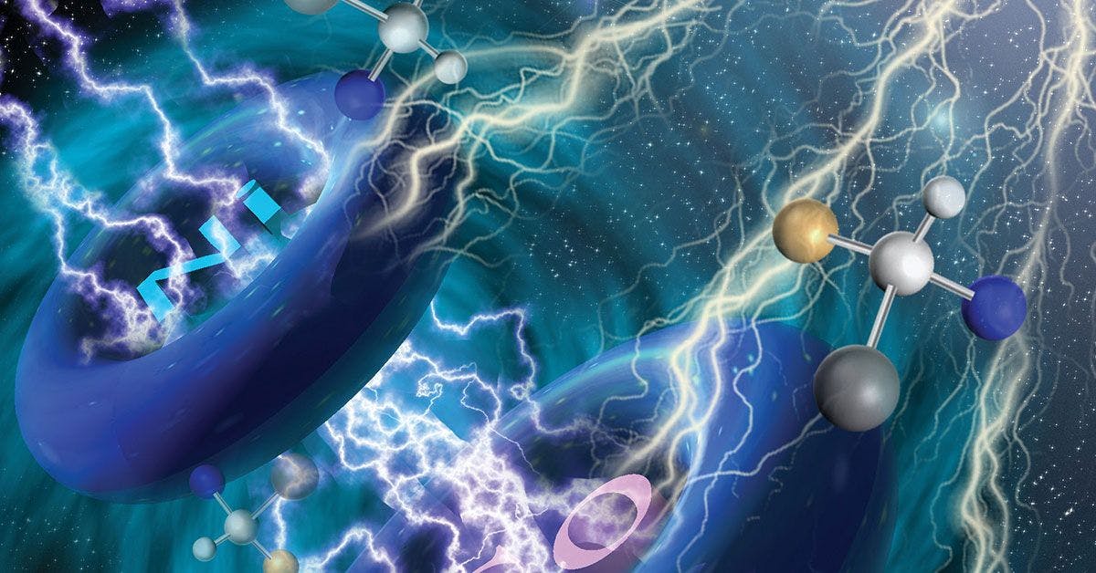 An artist's rendering of a molecule with a lightning bolt coming out of it.