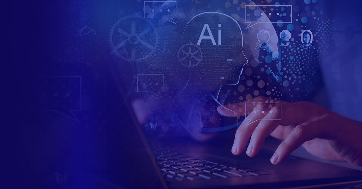 A person typing on a laptop with a blue background.