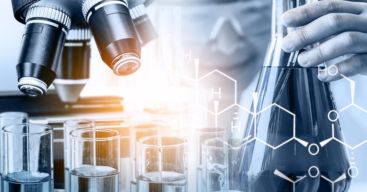 A microscope hovers over test tubes as a scientist holds a flask, with chemical structures overlaying the image, symbolizing research.