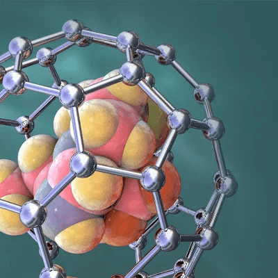 A 3D molecular structure featuring a colorful cluster of atoms surrounded by a hexagonal metallic lattice.