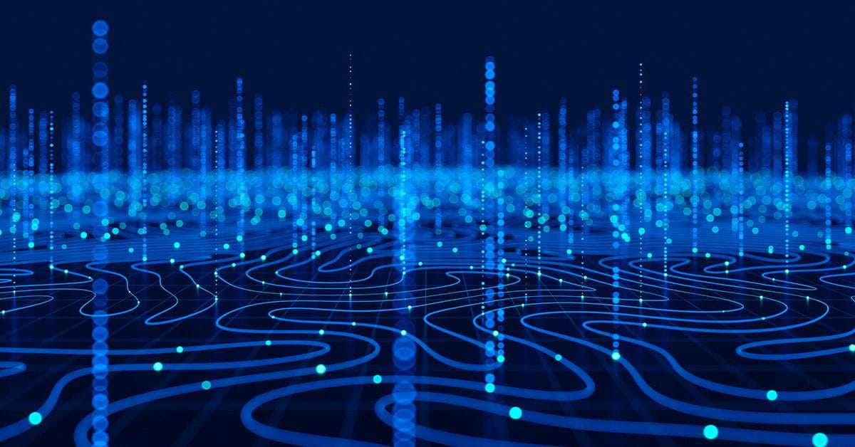 A digital illustration displaying glowing blue particles rising from wave-like lines on a dark background, representing data flow or network activity.
