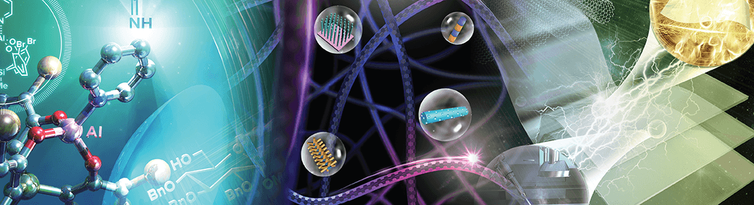Abstract scientific illustration featuring molecular structures, various scientific instruments, and a bright light, symbolizing advances in nanotechnology and molecular science.