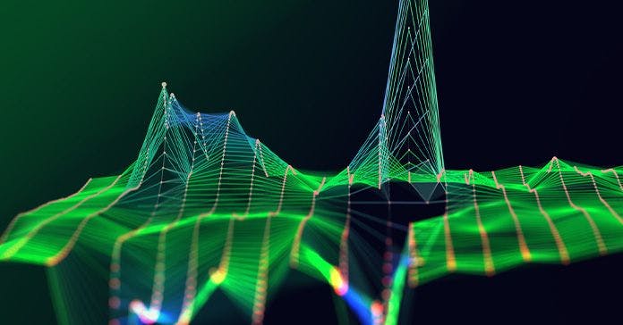 3d digital wireframe landscape with neon green lines on a dark background.
