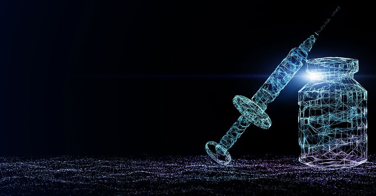 A bottle with a syringe on it.