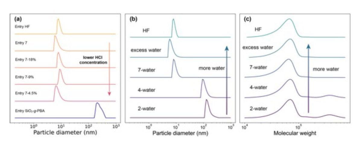 Figure 3. (a) Normalized number-weighted size distribution from DLS and (b) SEC traces of the organic phase after etching SiO2-g-PBA with NH4HF2 and water.