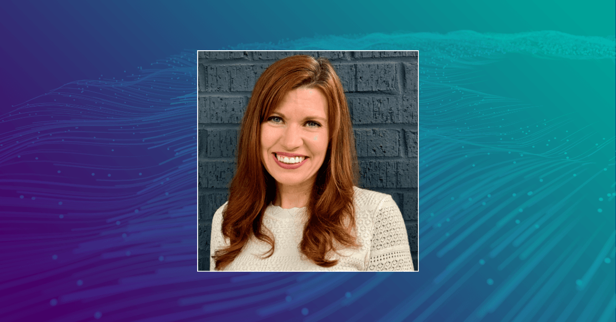 A headshot of Jennifer VanSickle against a purple and teal background.