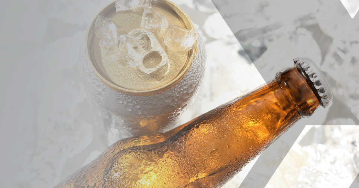 Overhead image of a beer bottle and can on ice