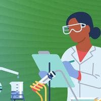 A woman in a lab coat is working on a project.