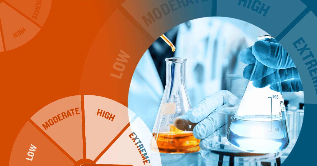 image collage of beakers in a lab next to a gauge/meter depicting a low to extreme range