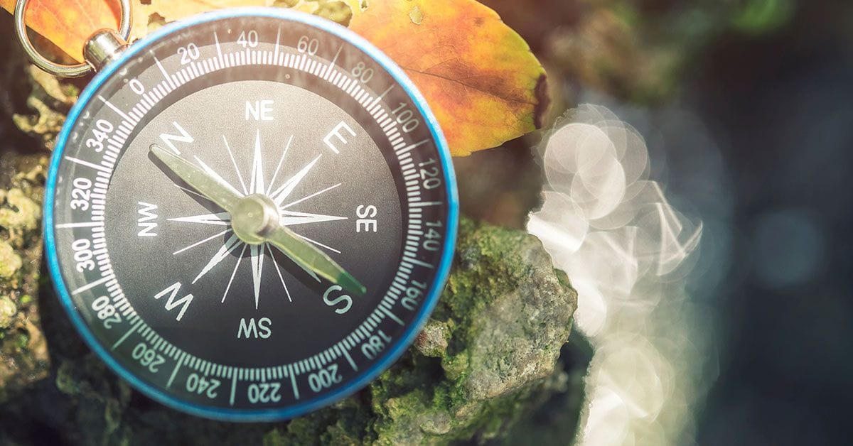 A compass on a rock with autumn leaves.