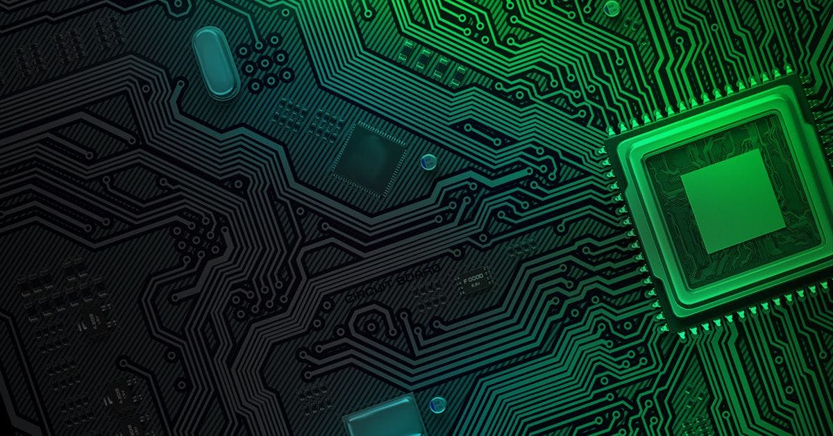 An image of a circuit board with green lights.