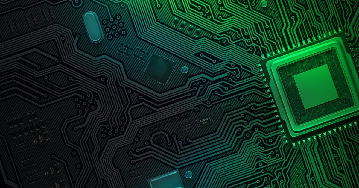 An image of a circuit board with green lights.