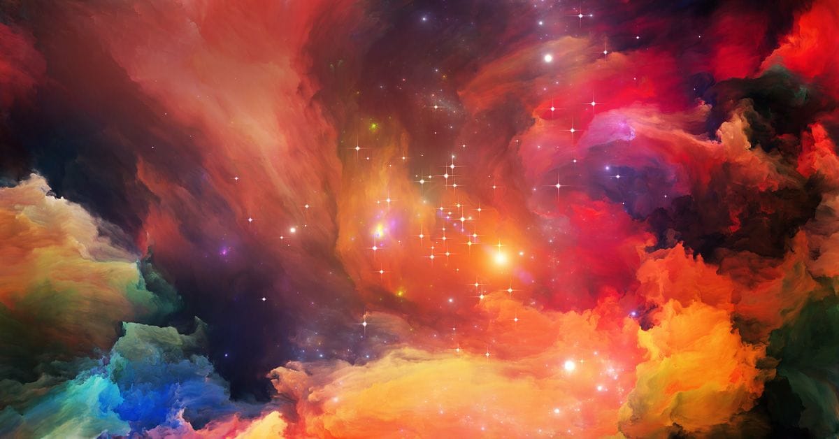 A vibrant cosmic scene with colorful interstellar clouds in shades of red, orange, and blue, scattered with bright stars.