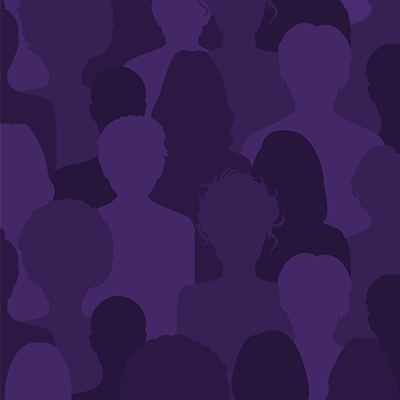Silhouettes of people on a purple background.