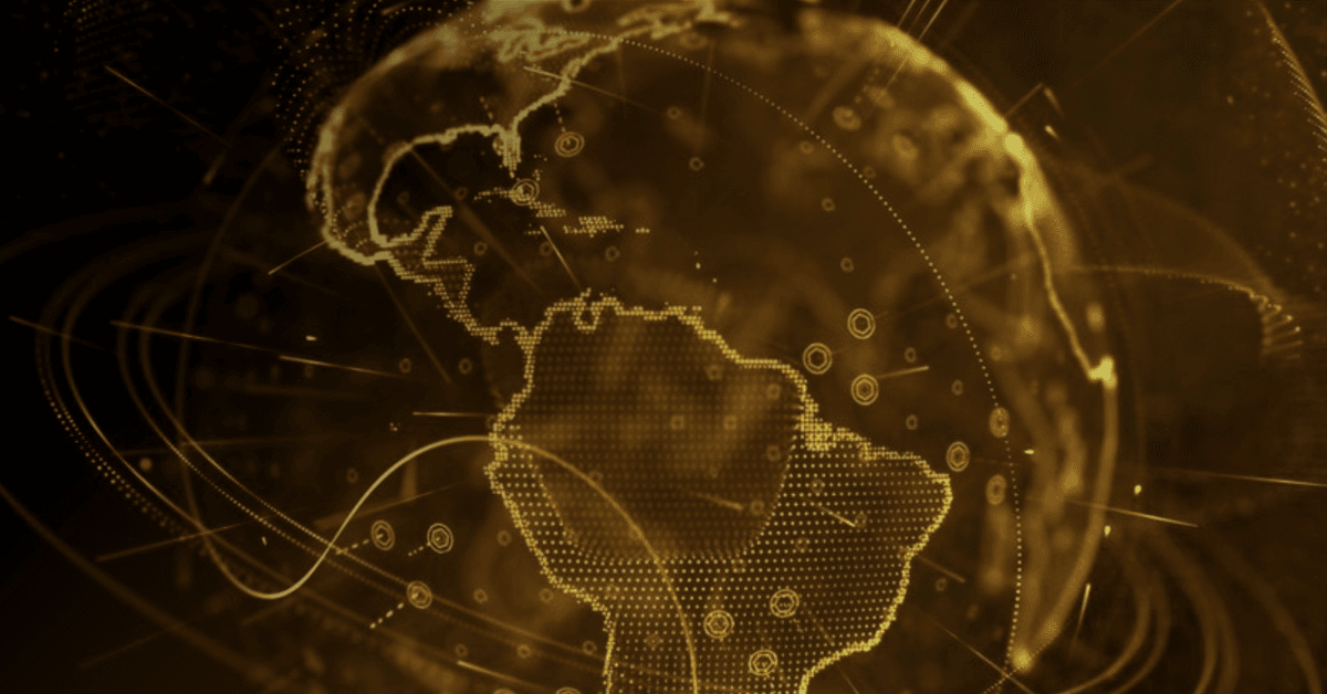 Golden, stylized digital rendering of the Earth showing North and South America, with dotted landmasses, glowing contours, and curved data lines suggesting global connectivity.