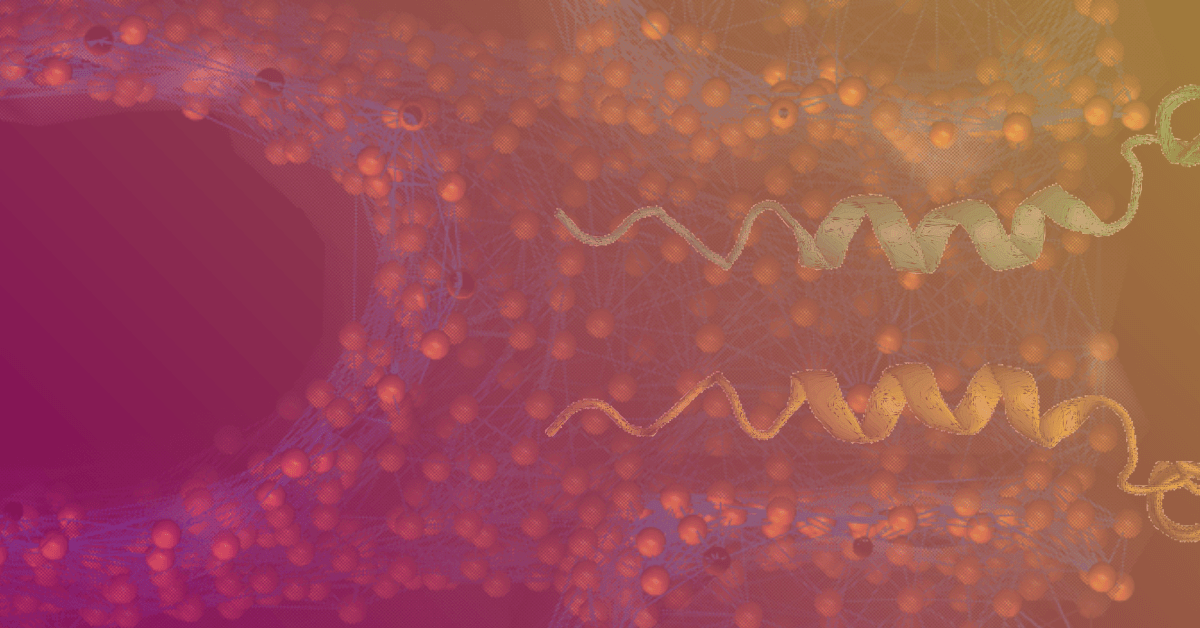 Abstract digital illustration of interconnected molecules and strands, featuring vibrant orange and purple hues.