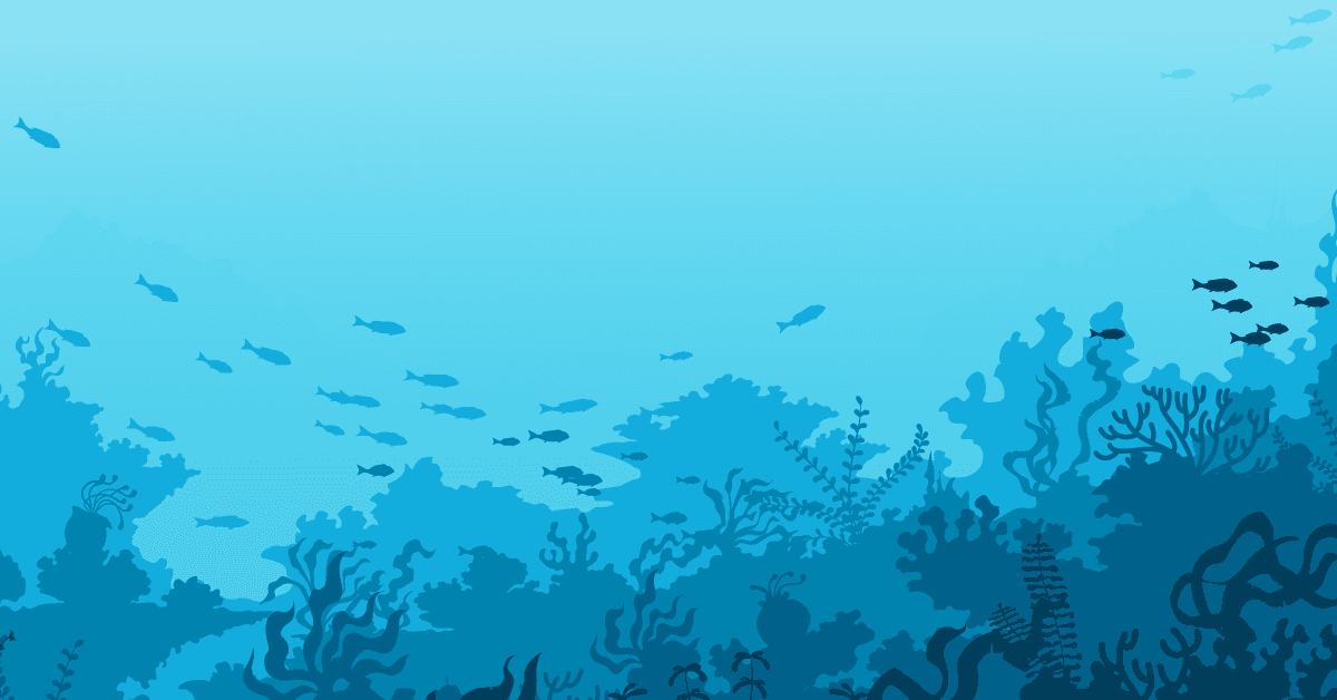 Underwater scene with blue hues featuring various fish swimming above coral and seaweed in the ocean.