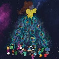 A stylized illustration showing numerous people of different appearances joined together to form a dna double helix that transitions into a larger figure wearing a yellow top, against a starry background.