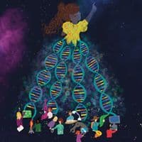 A stylized illustration showing numerous people of different appearances joined together to form a dna double helix that transitions into a larger figure wearing a yellow top, against a starry background.