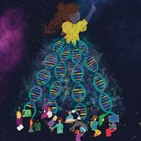 A stylized illustration showing numerous people of different appearances joined together to form a dna double helix that transitions into a larger figure wearing a yellow top, against a starry background.