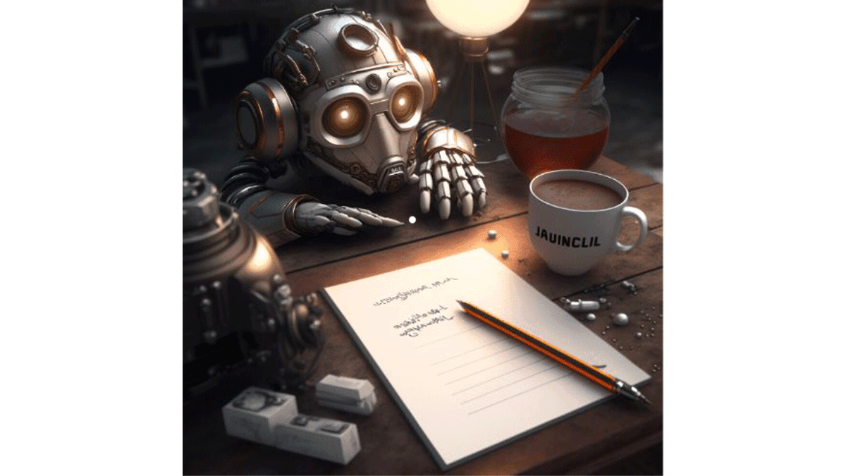 AI assisting the writing process, as imagined by the Midjourney text-to-image generator.