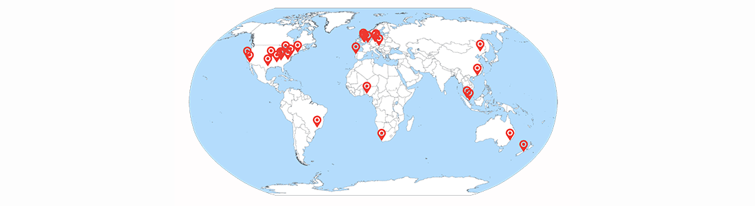 World map with red location markers in North America, Europe, Africa, Asia, and Oceania.