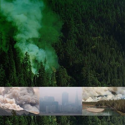 a collage of images depicting wildland fires and their impact on the environment