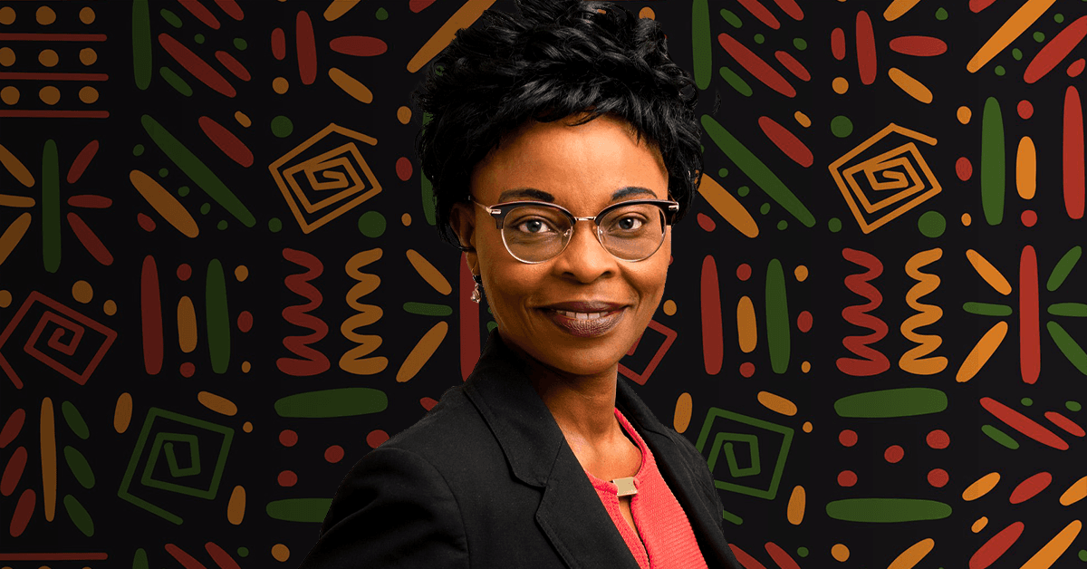 A headshot of Professor Omowunmi Sadik, set against a background of hand drawn symbols in traditional African colors - black, red, yellow, green.