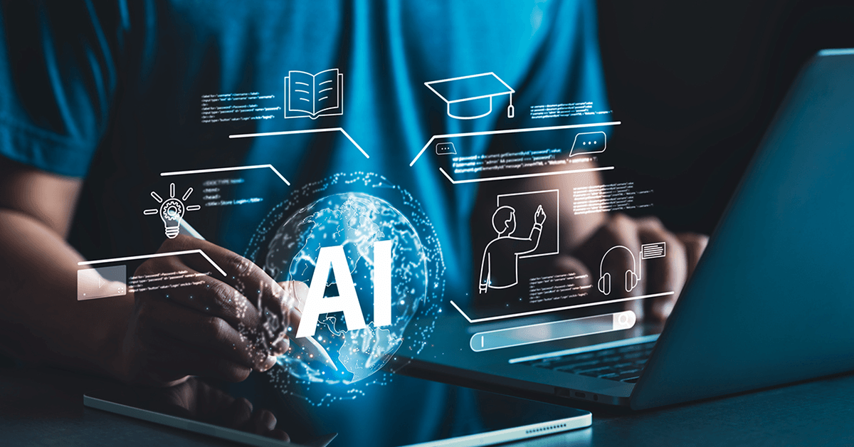 A Person using a tablet and laptop with a glowing globe labeled "AI" and surrounding icons representing learning, communication, and digital tools.