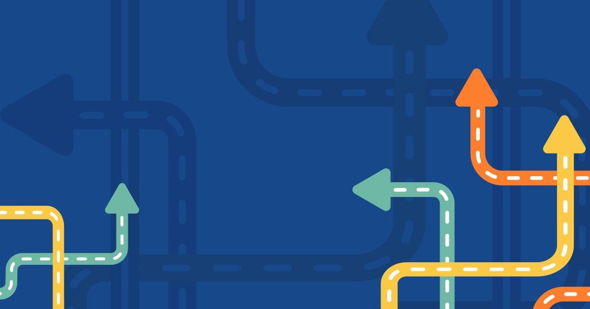 A graphic illustration featuring a network of colorful pipes with directional arrows indicating flow paths.