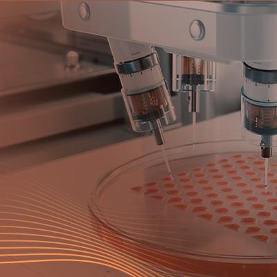 Robotic laboratory system pipetting liquid into a multi‑well plate.