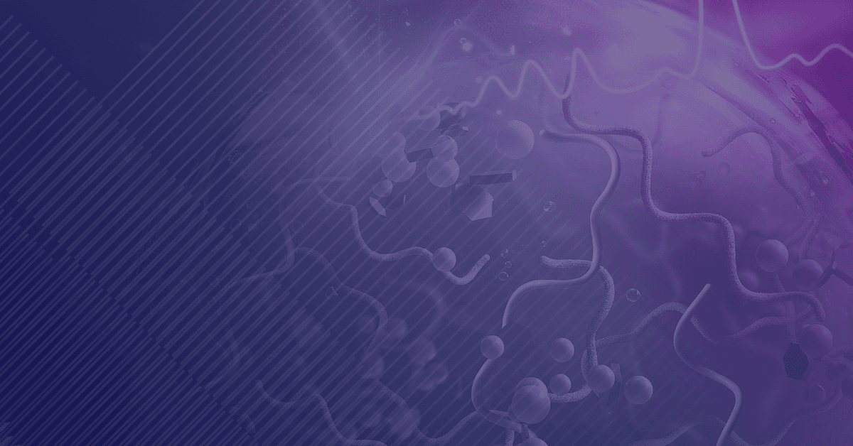 Abstract depiction of molecular structures in a vibrant purple and blue gradient, featuring wavy lines and geometric shapes.
