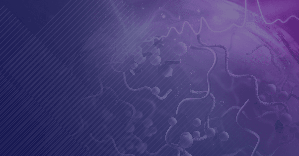 Abstract depiction of molecular structures in a vibrant purple and blue gradient, featuring wavy lines and geometric shapes.