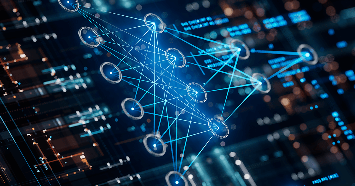 An Abstract network of connected nodes and lines over a blurred, high-tech data dashboard background.